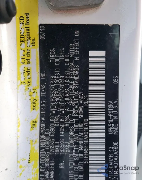 2010 Toyota Tundra Crewmax Sr5 из США, поврежденный, VIN 5TFEM5F16AX018700